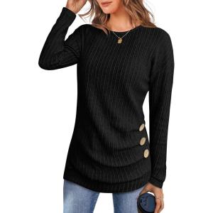 ANRABESS Womens Long Sleeve Tunic Top 2025 Fall Sweaters Lightweight Ribbed Knit Buttons Shirts Casual Work Outfits(Black)