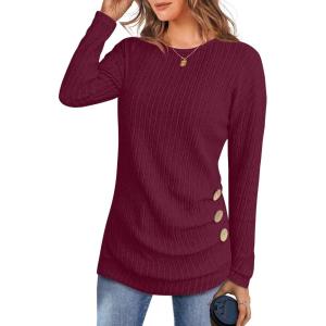 ANRABESS Womens Long Sleeve Tunic Top 2025 Fall Sweaters Lightweight Ribbed Knit Buttons Shirts Casual Work Outfits(Burgundy)