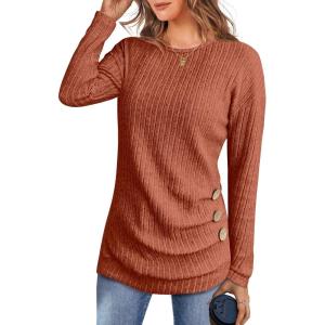 ANRABESS Womens Long Sleeve Tunic Top 2025 Fall Sweaters Lightweight Ribbed Knit Buttons Shirts Casual Work Outfits(Burnt Orange)