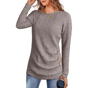 ANRABESS Womens Long Sleeve Tunic Top 2025 Fall Sweaters Lightweight Ribbed Knit Buttons Shirts Casual Work Outfits(Cool Ash Brown)