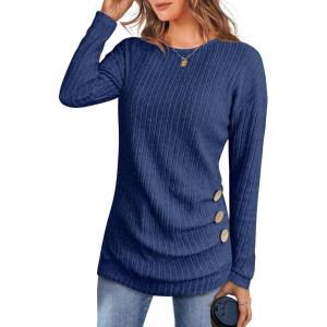 ANRABESS Womens Long Sleeve Tunic Top 2025 Fall Sweaters Lightweight Ribbed Knit Buttons Shirts Casual Work Outfits(Dark Blue)