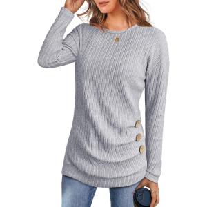 ANRABESS Womens Long Sleeve Tunic Top 2025 Fall Sweaters Lightweight Ribbed Knit Buttons Shirts Casual Work Outfits(Grey)
