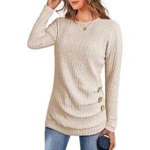 ANRABESS Womens Long Sleeve Tunic Top 2025 Fall Sweaters Lightweight Ribbed Knit Buttons Shirts Casual Work Outfits(Light Khaki)