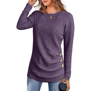 ANRABESS Womens Long Sleeve Tunic Top 2025 Fall Sweaters Lightweight Ribbed Knit Buttons Shirts Casual Work Outfits(Purple)