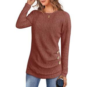 ANRABESS Womens Long Sleeve Tunic Top 2025 Fall Sweaters Lightweight Ribbed Knit Buttons Shirts Casual Work Outfits(Rust Orange)