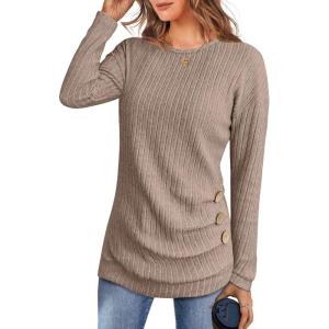 ANRABESS Womens Long Sleeve Tunic Top 2025 Fall Sweaters Lightweight Ribbed Knit Buttons Shirts Casual Work Outfits(Tan)