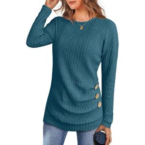 ANRABESS Womens Long Sleeve Tunic Top 2025 Fall Sweaters Lightweight Ribbed Knit Buttons Shirts Casual Work Outfits(Teal)