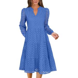ANRABESS Womens Long Sleeve V Neck MIdi Dresses Hollow Out Eyelet Casual Tiered 2025 Fall Beach Vacation Dress with Pockets(Blue)