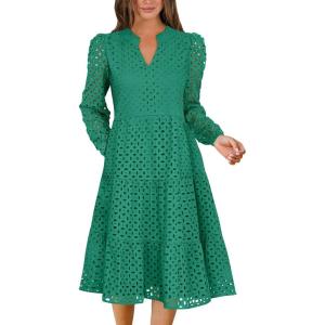 ANRABESS Womens Long Sleeve V Neck MIdi Dresses Hollow Out Eyelet Casual Tiered 2025 Fall Beach Vacation Dress with Pockets(Green)