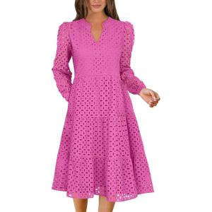 ANRABESS Womens Long Sleeve V Neck MIdi Dresses Hollow Out Eyelet Casual Tiered 2025 Fall Beach Vacation Dress with Pockets(Hot Pink)