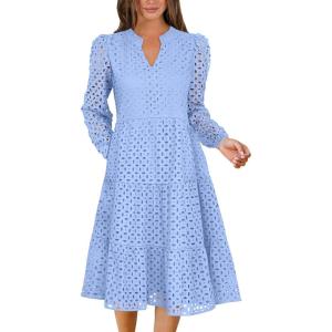 ANRABESS Womens Long Sleeve V Neck MIdi Dresses Hollow Out Eyelet Casual Tiered 2025 Fall Beach Vacation Dress with Pockets(Light Blue)