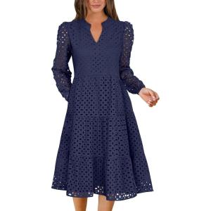 ANRABESS Womens Long Sleeve V Neck MIdi Dresses Hollow Out Eyelet Casual Tiered 2025 Fall Beach Vacation Dress with Pockets(Navy Blue)