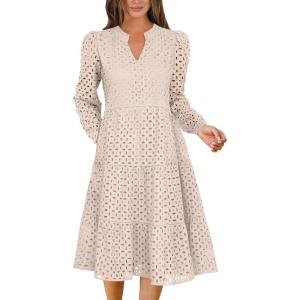 ANRABESS Womens Long Sleeve V Neck MIdi Dresses Hollow Out Eyelet Casual Tiered 2025 Fall Beach Vacation Dress with Pockets(Parchment)