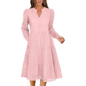 ANRABESS Womens Long Sleeve V Neck MIdi Dresses Hollow Out Eyelet Casual Tiered 2025 Fall Beach Vacation Dress with Pockets(Pink)