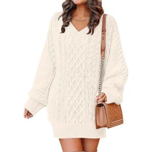 ANRABESS Womens Long Sleeve V Neck Oversized Cable Knit Mini Sweater Dresses 2025 Winter Fall Trendy Pullover Tunic Outfits(Beige)