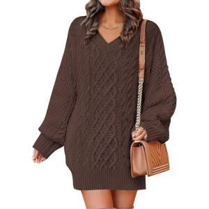 ANRABESS Womens Long Sleeve V Neck Oversized Cable Knit Mini Sweater Dresses 2025 Winter Fall Trendy Pullover Tunic Outfits(Red Brown)