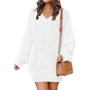 ANRABESS Womens Long Sleeve V Neck Oversized Cable Knit Mini Sweater Dresses 2025 Winter Fall Trendy Pullover Tunic Outfits(White)