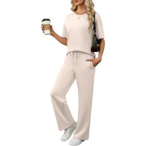 ANRABESS Women’s Lounge Sets 2 Piece Outfits Summer Casual Short Sleeve Sweatsuits Matching Tracksuits Wide Leg Pant Set(Apricot)