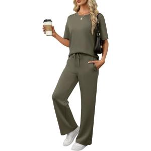 ANRABESS Women’s Lounge Sets 2 Piece Outfits Summer Casual Short Sleeve Sweatsuits Matching Tracksuits Wide Leg Pant Set(Army Green)