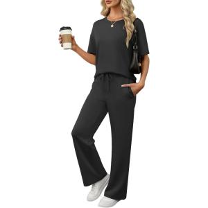 ANRABESS Women’s Lounge Sets 2 Piece Outfits Summer Casual Short Sleeve Sweatsuits Matching Tracksuits Wide Leg Pant Set(Black)