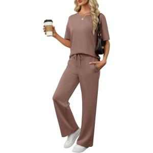 ANRABESS Women’s Lounge Sets 2 Piece Outfits Summer Casual Short Sleeve Sweatsuits Matching Tracksuits Wide Leg Pant Set(Brown)