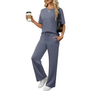 ANRABESS Women’s Lounge Sets 2 Piece Outfits Summer Casual Short Sleeve Sweatsuits Matching Tracksuits Wide Leg Pant Set(Deep Gray)