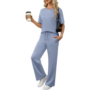 ANRABESS Women’s Lounge Sets 2 Piece Outfits Summer Casual Short Sleeve Sweatsuits Matching Tracksuits Wide Leg Pant Set(Gray Blue)