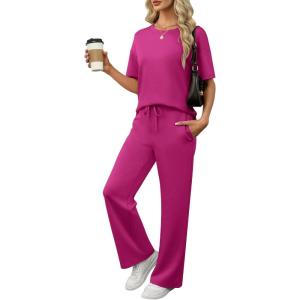 ANRABESS Women’s Lounge Sets 2 Piece Outfits Summer Casual Short Sleeve Sweatsuits Matching Tracksuits Wide Leg Pant Set(Hot Pink)
