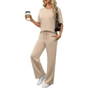 ANRABESS Women’s Lounge Sets 2 Piece Outfits Summer Casual Short Sleeve Sweatsuits Matching Tracksuits Wide Leg Pant Set(Khaki)