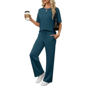 ANRABESS Women’s Lounge Sets 2 Piece Outfits Summer Casual Short Sleeve Sweatsuits Matching Tracksuits Wide Leg Pant Set(Lake Green)