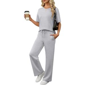 ANRABESS Women’s Lounge Sets 2 Piece Outfits Summer Casual Short Sleeve Sweatsuits Matching Tracksuits Wide Leg Pant Set(Light Grey)