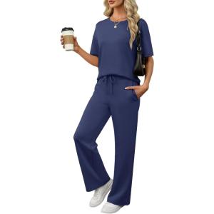ANRABESS Women’s Lounge Sets 2 Piece Outfits Summer Casual Short Sleeve Sweatsuits Matching Tracksuits Wide Leg Pant Set(Navy Blue)