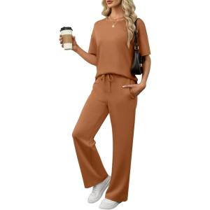 ANRABESS Women’s Lounge Sets 2 Piece Outfits Summer Casual Short Sleeve Sweatsuits Matching Tracksuits Wide Leg Pant Set(Rust)