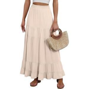 ANRABESS Womens Maxi Skirt Elastic High Waist Swing Tiered A-line Flowy Pleated Boho Beach Vacation Long Skirts(Beige)