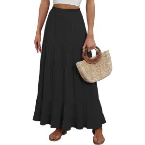 ANRABESS Womens Maxi Skirt Elastic High Waist Swing Tiered A-line Flowy Pleated Boho Beach Vacation Long Skirts(Black)