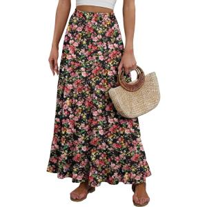 ANRABESS Womens Maxi Skirt Elastic High Waist Swing Tiered A-line Flowy Pleated Boho Beach Vacation Long Skirts(Floral Black Red)