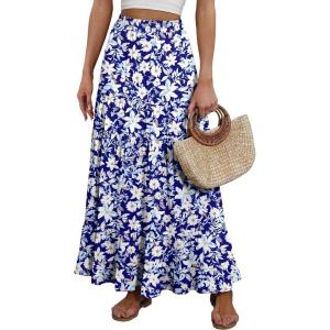 ANRABESS Womens Maxi Skirt Elastic High Waist Swing Tiered A-line Flowy Pleated Boho Beach Vacation Long Skirts(Floral Blue)