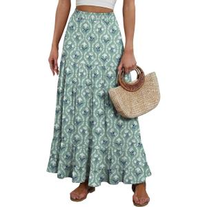 ANRABESS Womens Maxi Skirt Elastic High Waist Swing Tiered A-line Flowy Pleated Boho Beach Vacation Long Skirts(Floral Green)