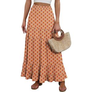 ANRABESS Womens Maxi Skirt Elastic High Waist Swing Tiered A-line Flowy Pleated Boho Beach Vacation Long Skirts(Floral Orange)