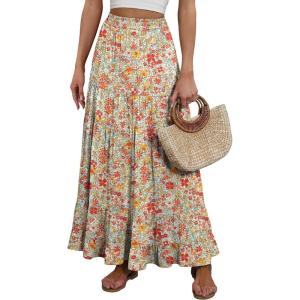 ANRABESS Womens Maxi Skirt Elastic High Waist Swing Tiered A-line Flowy Pleated Boho Beach Vacation Long Skirts(Floral Orange Red)