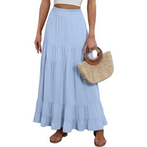 ANRABESS Womens Maxi Skirt Elastic High Waist Swing Tiered A-line Flowy Pleated Boho Beach Vacation Long Skirts(Light Blue)