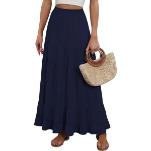 ANRABESS Womens Maxi Skirt Elastic High Waist Swing Tiered A-line Flowy Pleated Boho Beach Vacation Long Skirts(Navy Blue)
