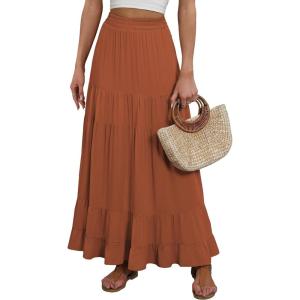 ANRABESS Womens Maxi Skirt Elastic High Waist Swing Tiered A-line Flowy Pleated Boho Beach Vacation Long Skirts(Rust)