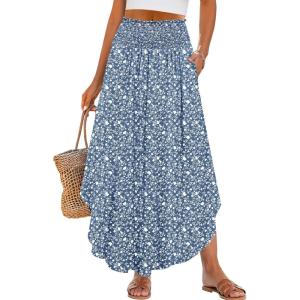 ANRABESS Women’s Maxi Skirts Summer Boho Floral High Waisted Flowy Swing Pleated Beach Long Skirt with Pockets(Floral Blue)