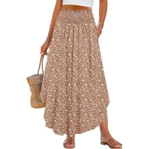 ANRABESS Women’s Maxi Skirts Summer Boho Floral High Waisted Flowy Swing Pleated Beach Long Skirt with Pockets(Floral Brown)