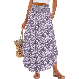 ANRABESS Women’s Maxi Skirts Summer Boho Floral High Waisted Flowy Swing Pleated Beach Long Skirt with Pockets(Floral Gray Purple)