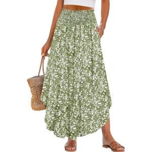 ANRABESS Women’s Maxi Skirts Summer Boho Floral High Waisted Flowy Swing Pleated Beach Long Skirt with Pockets(Floral Green)