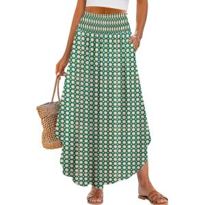 ANRABESS Women’s Maxi Skirts Summer Boho Floral High Waisted Flowy Swing Pleated Beach Long Skirt with Pockets(Floral Green Brown)
