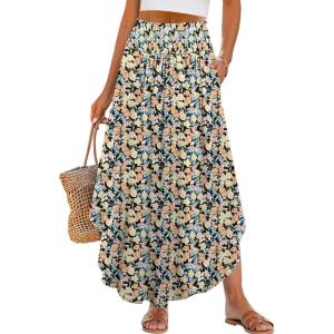 ANRABESS Women’s Maxi Skirts Summer Boho Floral High Waisted Flowy Swing Pleated Beach Long Skirt with Pockets(Floral Orange Yellow)