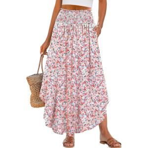 ANRABESS Women’s Maxi Skirts Summer Boho Floral High Waisted Flowy Swing Pleated Beach Long Skirt with Pockets(Floral Pink)